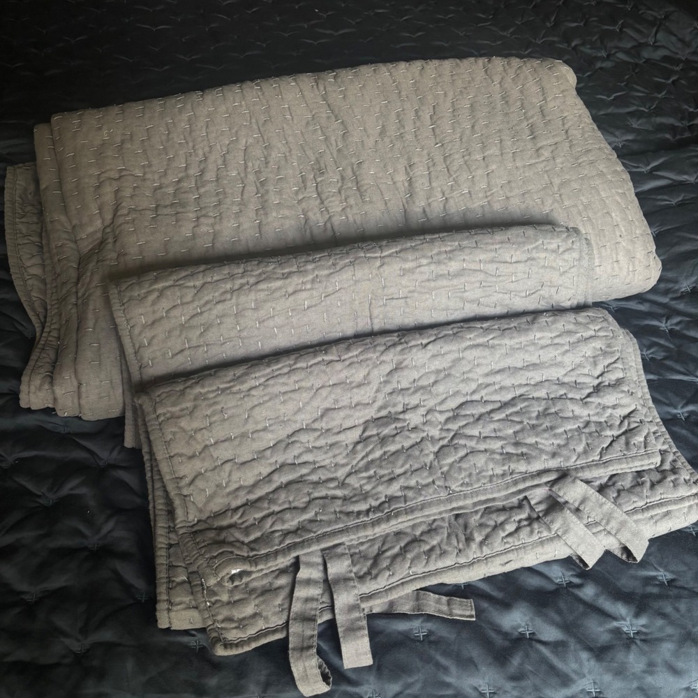 Pottery Barn Gray Pick Stitch Quilt Set King Cal King Cotton Linen 3pc Bedding